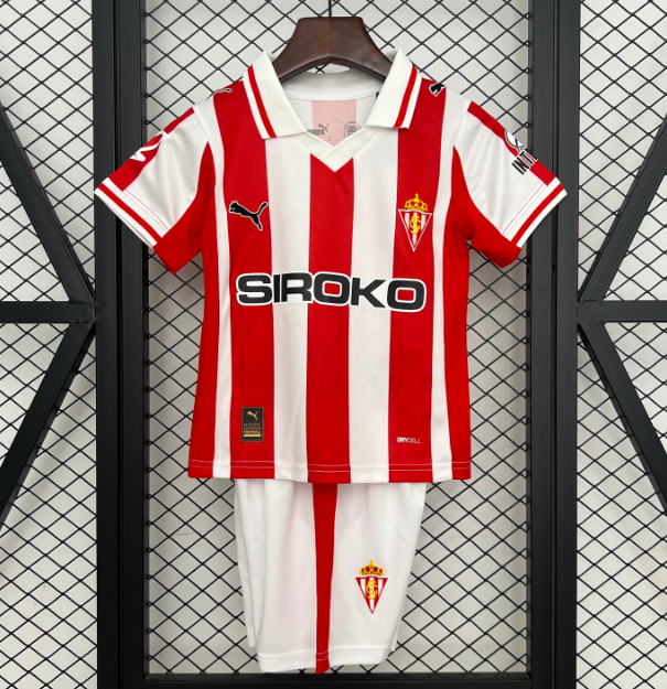 2025-26 Sporting Gijon Home Kids Soccer Kits Shirt With Shorts